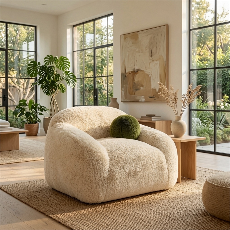 Dera Swivel Barrel Sofa Chair- Olive Green Pillow- Sand Beige Faux Fur
