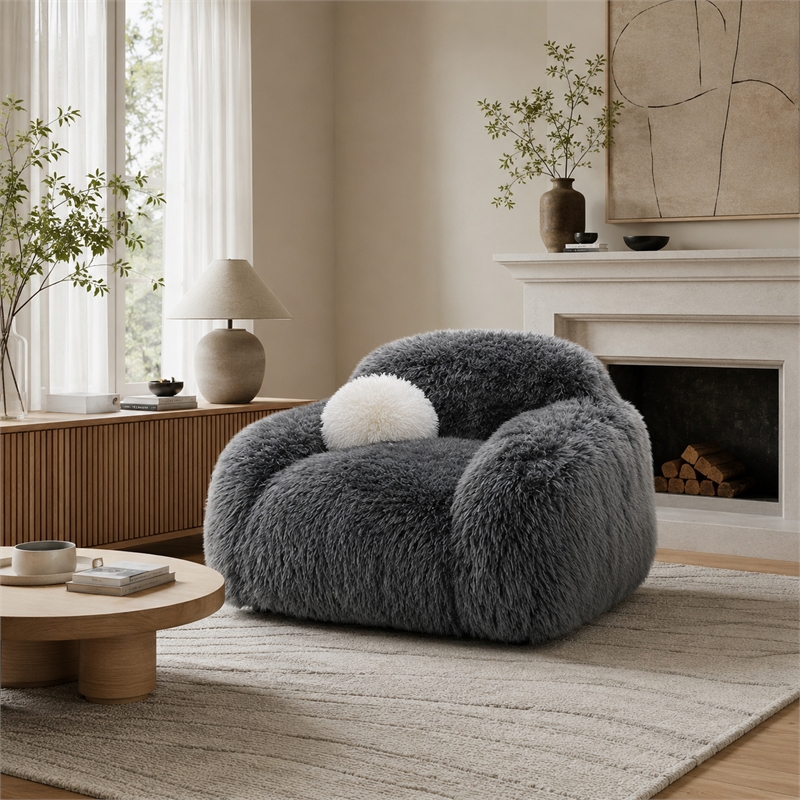 Dera Swivel Barrel Sofa Chair- White Pillow- Dark Gray Faux Fur