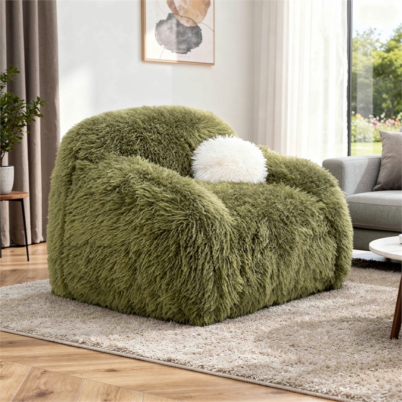 Dera Swivel Barrel Sofa Chair- White Pillow- Plush Green Faux Fur