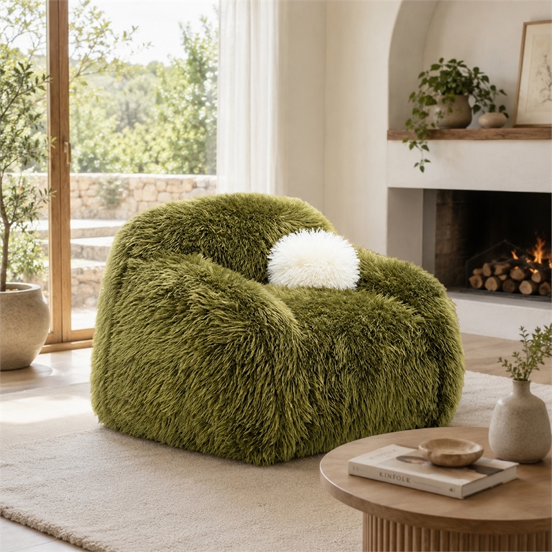 Dera Swivel Barrel Sofa Chair- White Pillow- Plush Green Faux Fur