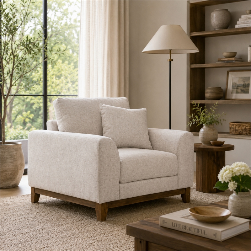 Wera Accent Sofa Chair with 1 Pillow- Light Gray Chenille- Brown Legs