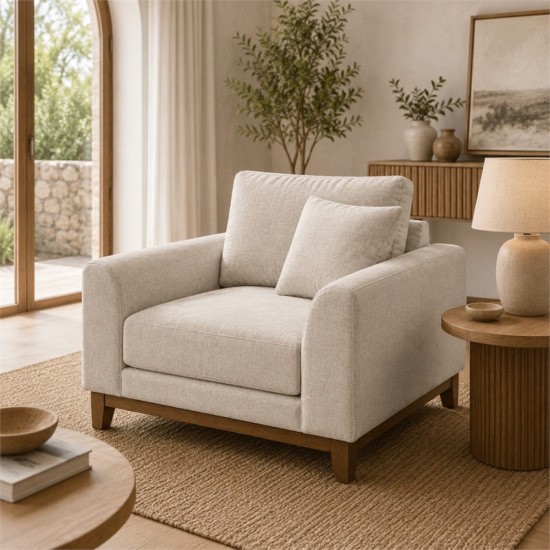 Wera Accent Sofa Chair with 1 Pillow- Light Gray Chenille- Brown Legs