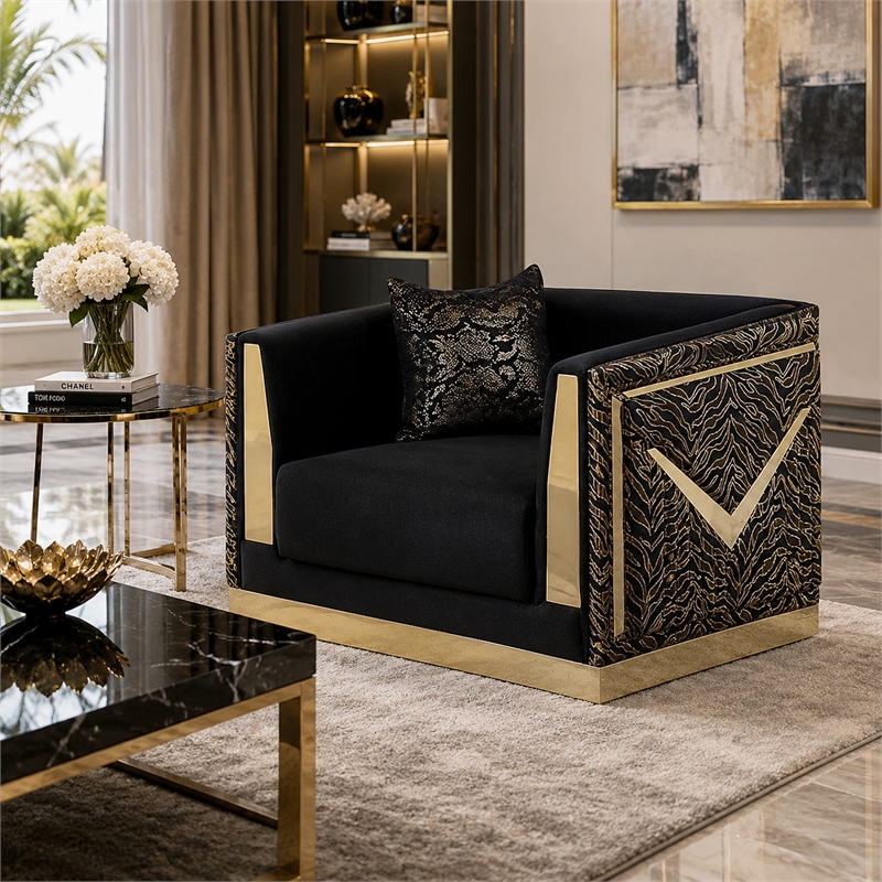 Dero Sofa Chair- Glam Black Velvet- Gold Zebra Print Panels