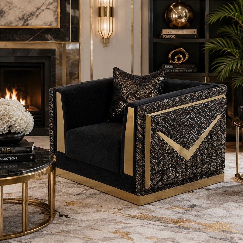 Dero Sofa Chair- Glam Black Velvet- Gold Zebra Print Panels