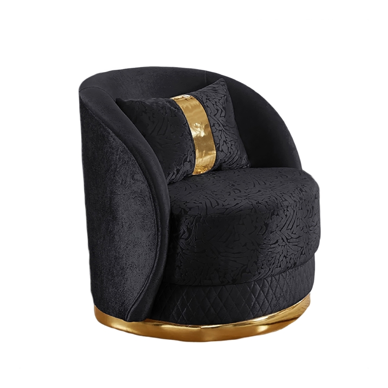 Vysa Swivel Accent Chair- 1 Pillow- Barrel Back- Gold Base- Black