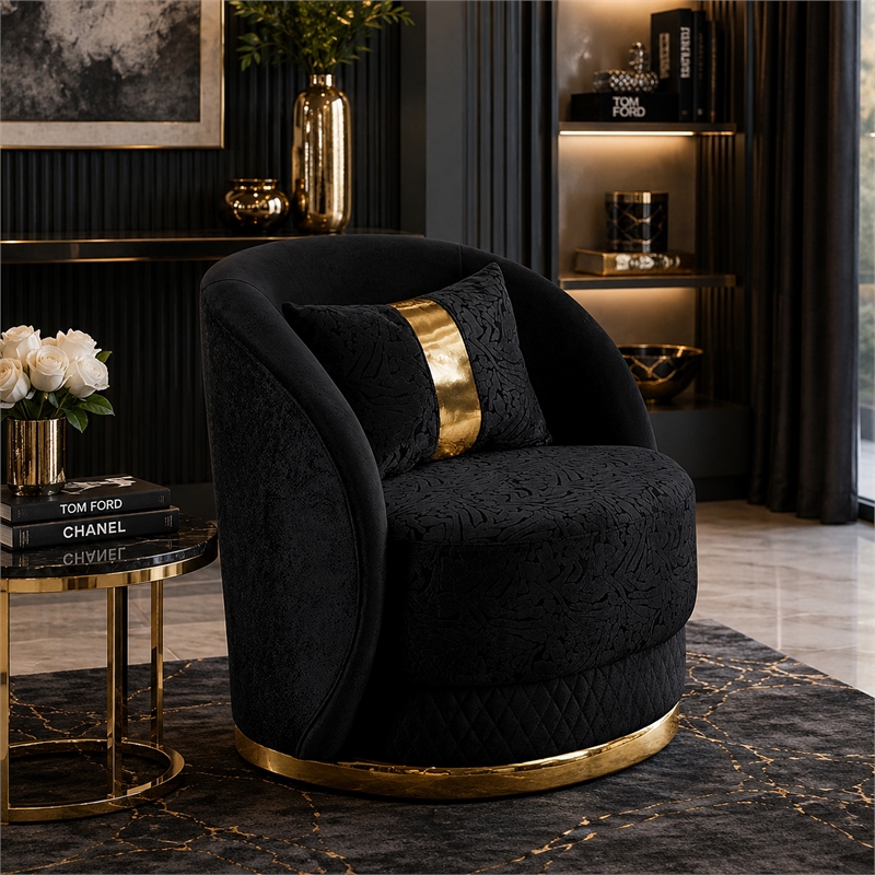 Vysa Swivel Accent Chair- 1 Pillow- Barrel Back- Gold Base- Black