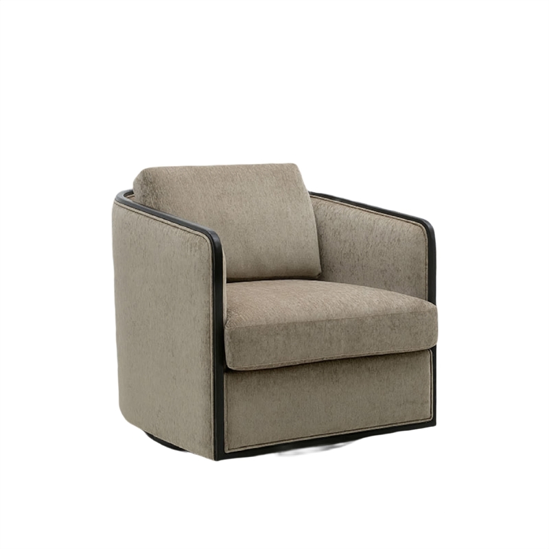 Cyra Swivel Accent Chair- Taupe Gray Chenille Foam Cushions- Barrel Back