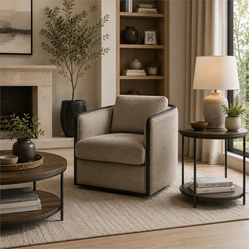 Cyra Swivel Accent Chair- Taupe Gray Chenille Foam Cushions- Barrel Back