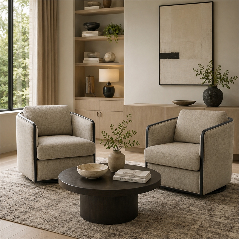 Cyra Swivel Accent Chair- Taupe Gray Chenille Foam Cushions- Barrel Back