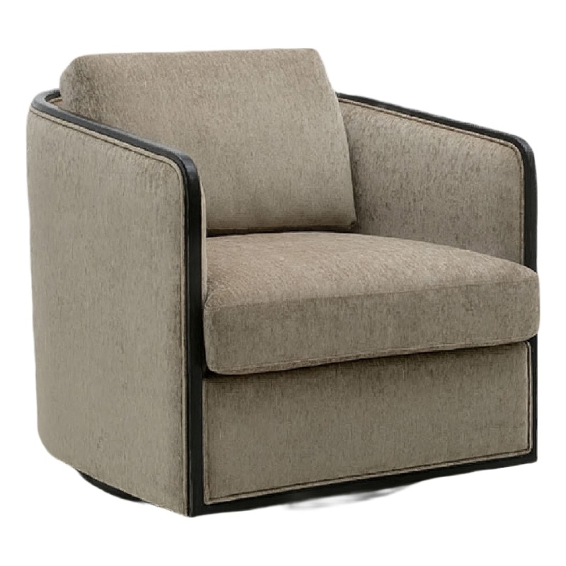 Cyra Swivel Accent Chair- Taupe Gray Chenille Foam Cushions- Barrel Back
