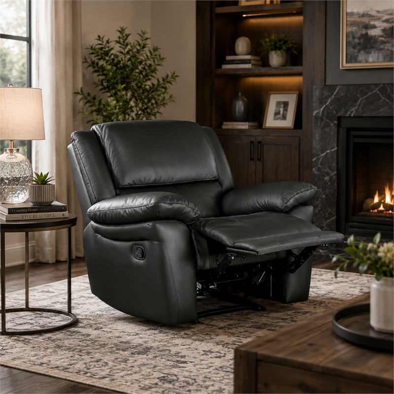Larus Manual Motion Recliner Chair- Pillowed Arms- Black Faux Leather