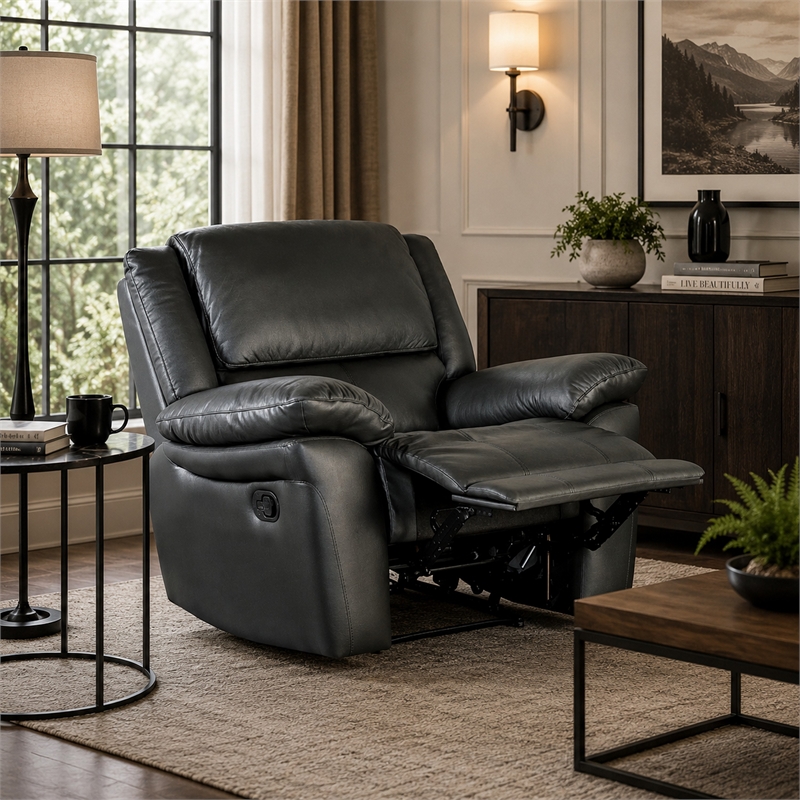 Larus Manual Motion Recliner Chair- Pillowed Arms- Black Faux Leather