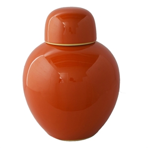 Decorative Ginger Jar with Dome Lid- Orange Glazed Ceramic- 11 Inch