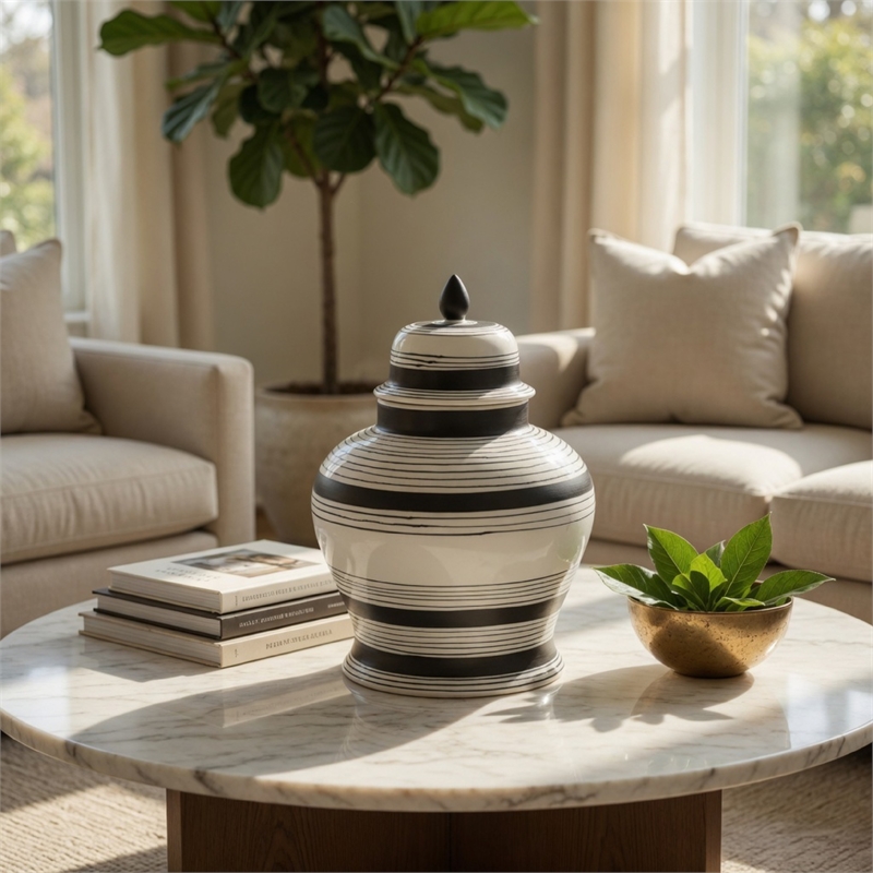 Decorative Ginger Jar with Lid- Black and White Striped Ceramic- 12 Inch