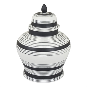 Decorative Ginger Jar with Lid- Black and White Striped Ceramic- 12 Inch