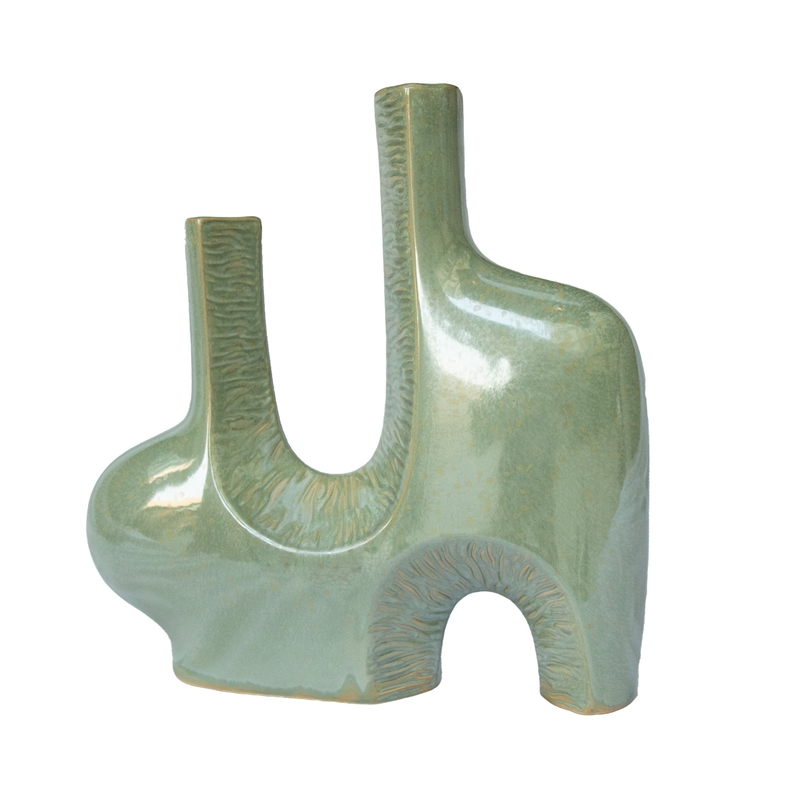 Decorative Vase- Dual Neck Sculptural Art- Sage Green Ceramic- 14 Inch
