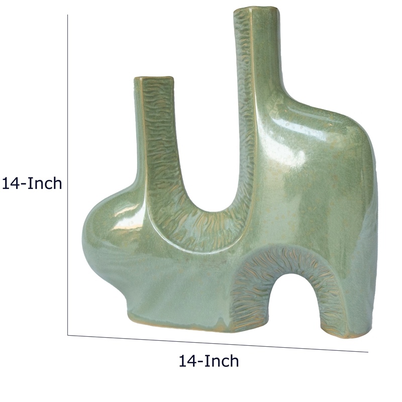 Decorative Vase- Dual Neck Sculptural Art- Sage Green Ceramic- 14 Inch