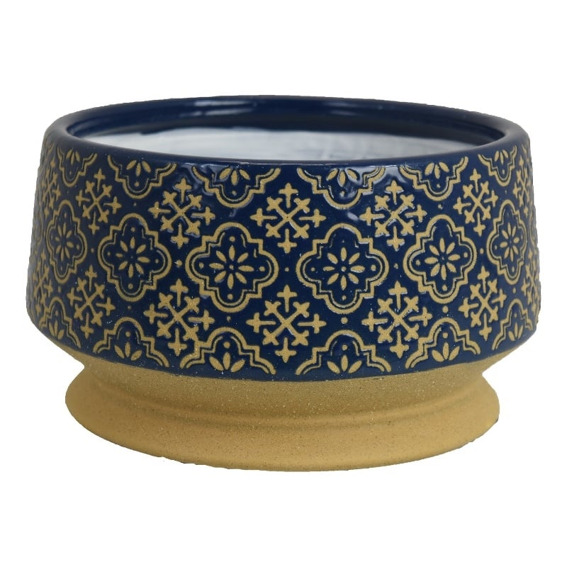Hea Decorative Planter- Blue Gold Moroccan Pattern Footed Bowl- 10 Inch