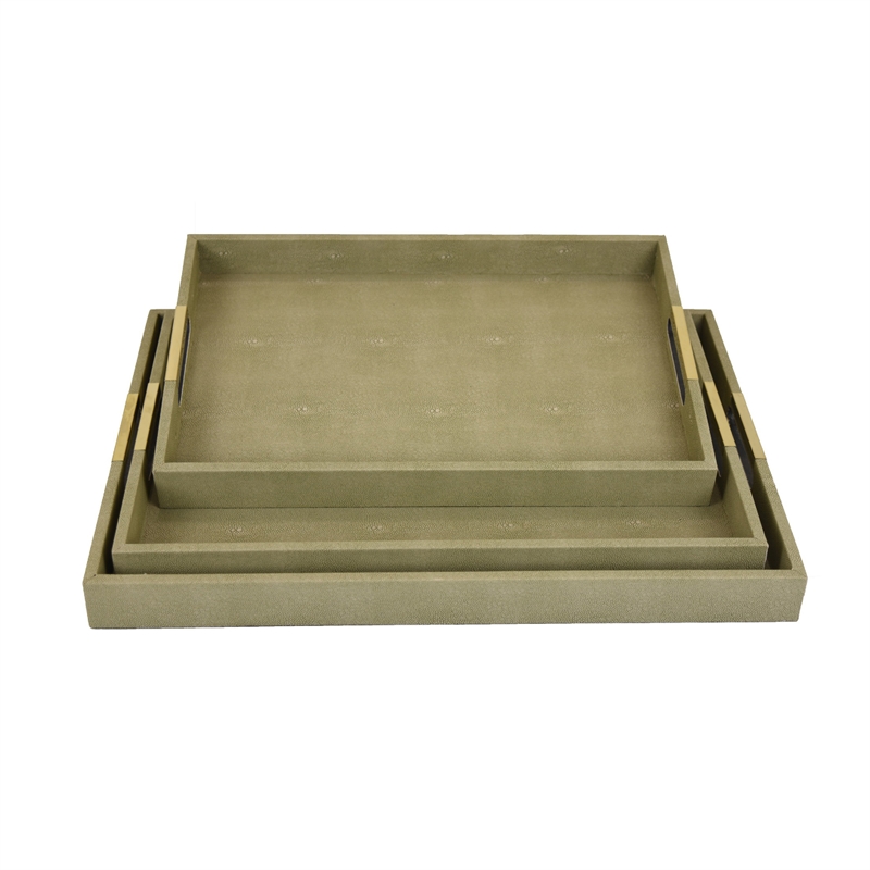 Koi 3pc Nested Serving Tray Set- Faux Shagreen Texture- Sage Green Wood