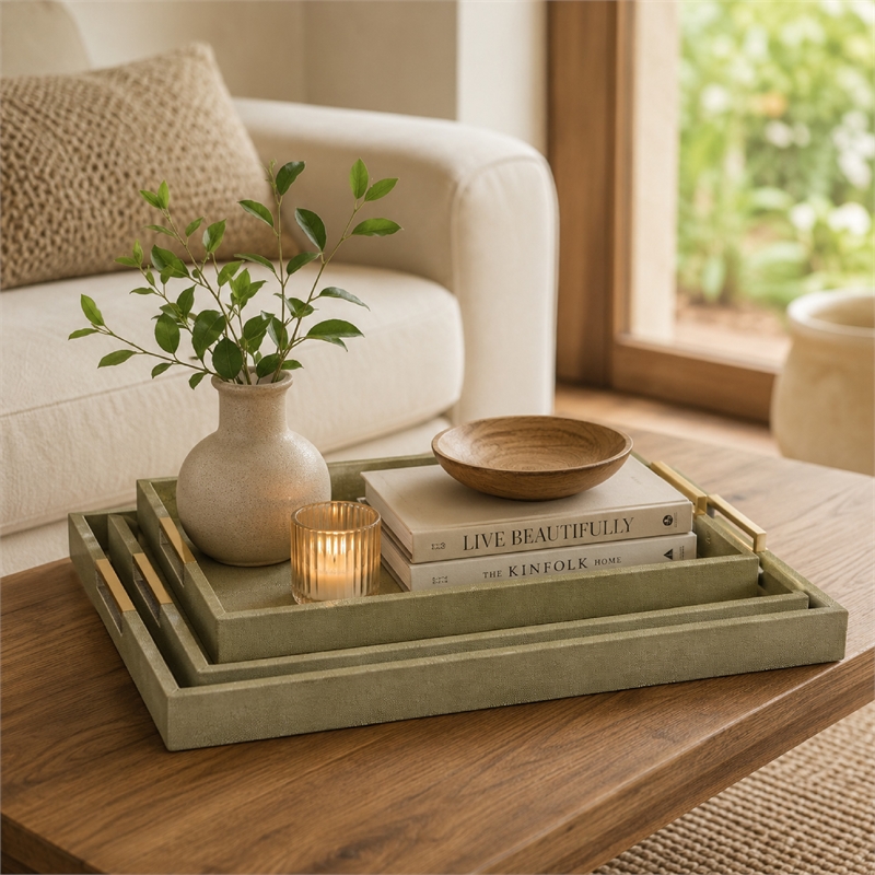 Koi 3pc Nested Serving Tray Set- Faux Shagreen Texture- Sage Green Wood