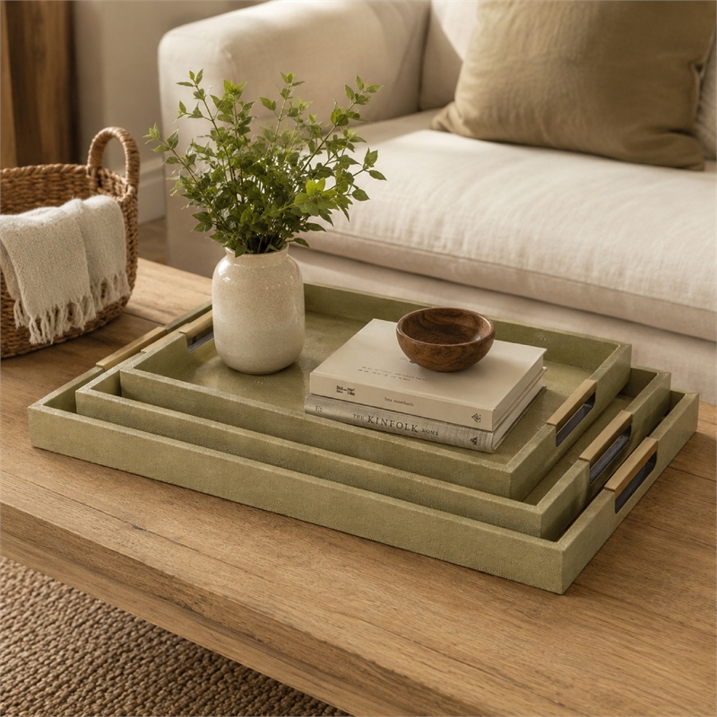 Koi 3pc Nested Serving Tray Set- Faux Shagreen Texture- Sage Green Wood