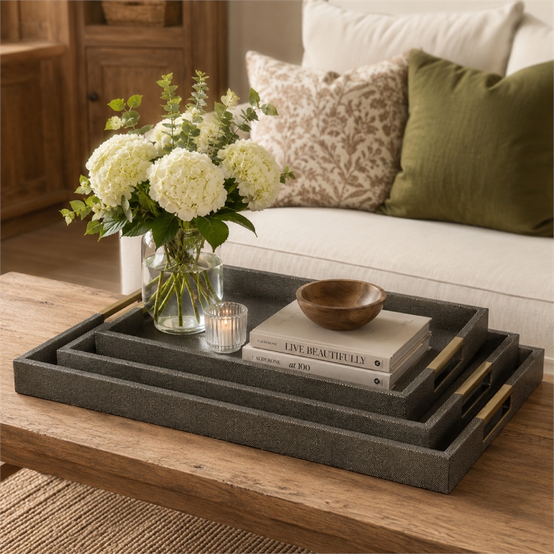 Koi 3pc Nested Serving Tray Set- Faux Shagreen Texture- Bronze Wood