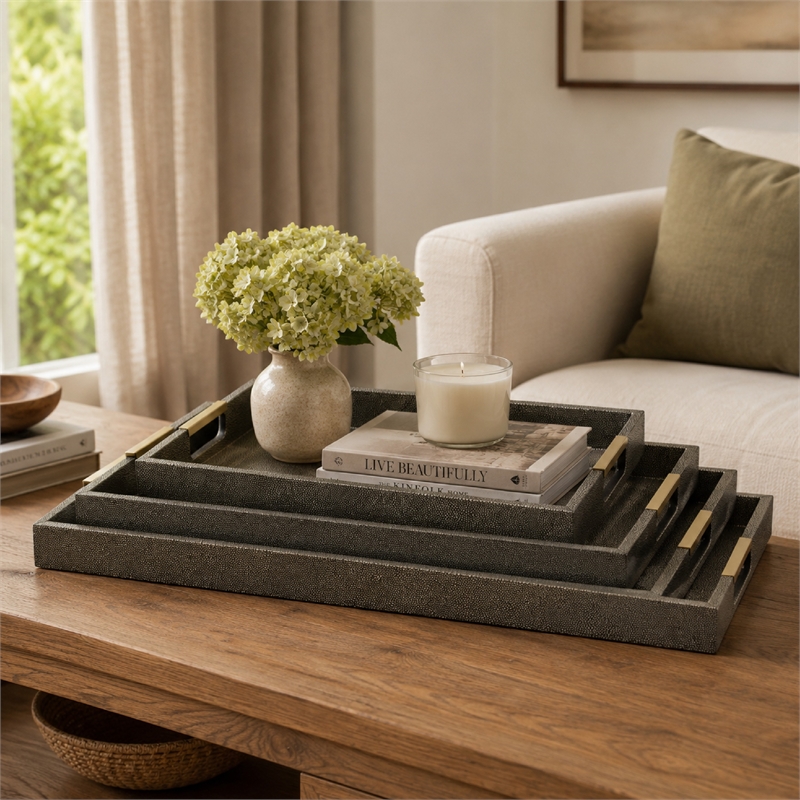 Koi 3pc Nested Serving Tray Set- Faux Shagreen Texture- Bronze Wood