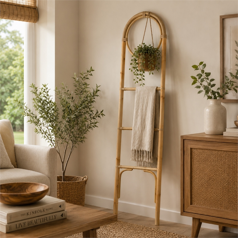 Kinu Decorative Ladder Rack with Round Top- Natural Brown Fiber- 72 Inch