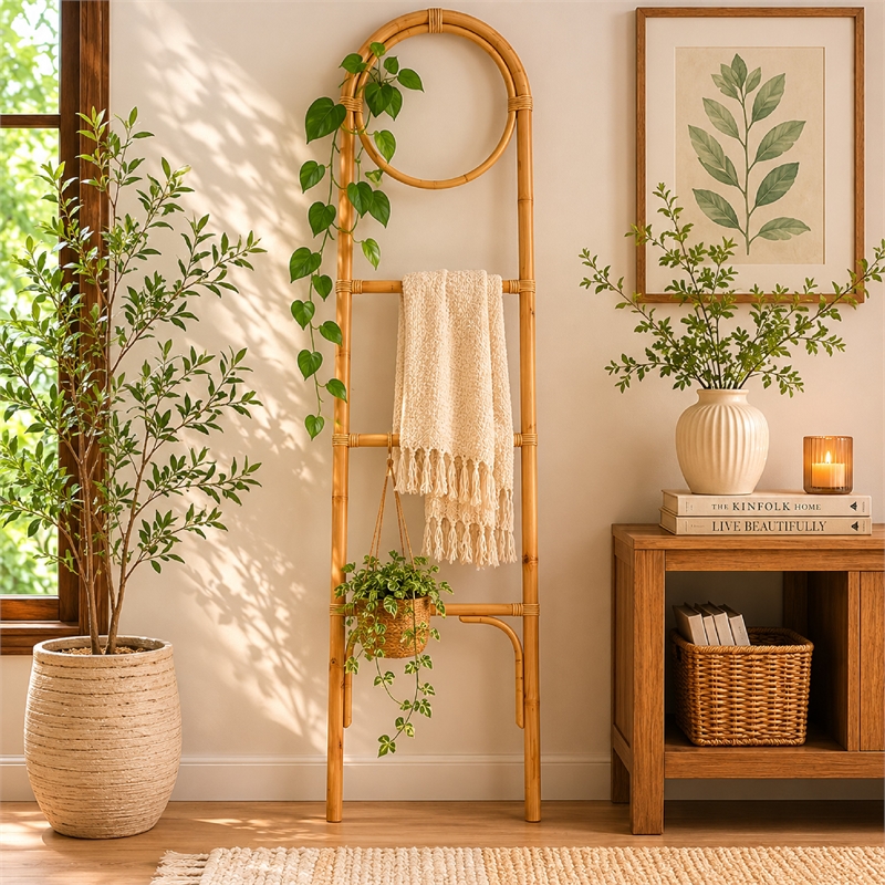 Kinu Decorative Ladder Rack with Round Top- Natural Brown Fiber- 72 Inch