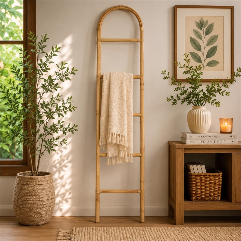 Kinu Decorative Ladder Rack with Arch Top- Natural Brown Wood- 72 Inch