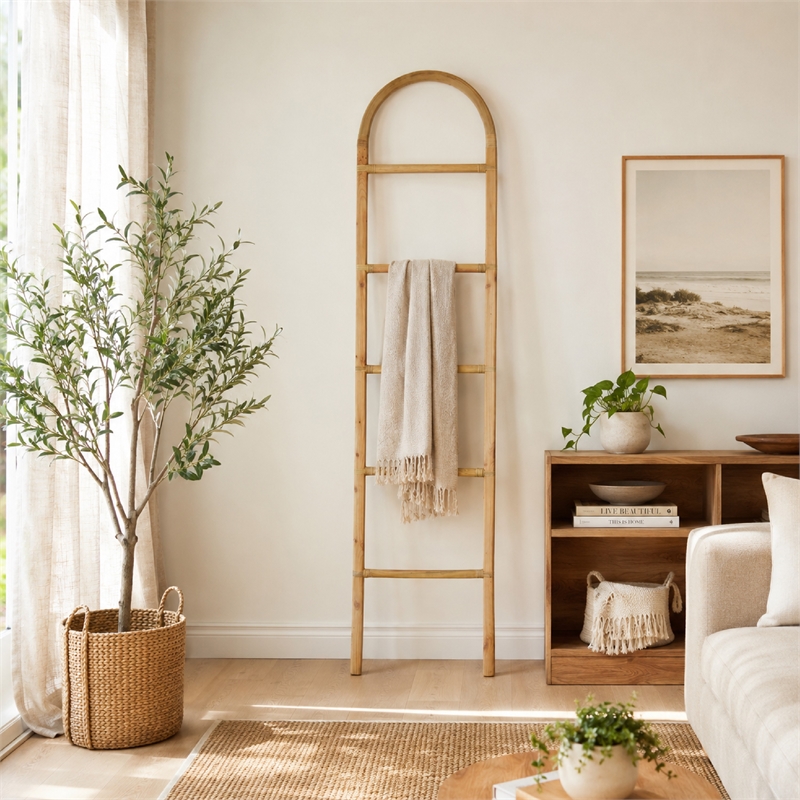 Kinu Decorative Ladder Rack with Arch Top- Natural Brown Wood- 72 Inch