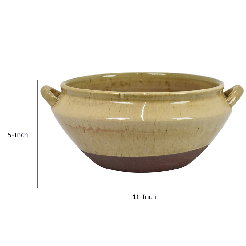Decorative Serving Bowl- 2 Tone Rustic Brown Glazed Ceramic- 11 Inch