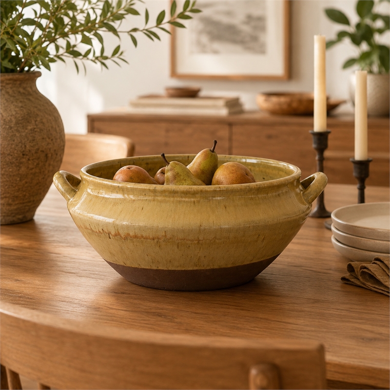 Decorative Serving Bowl- 2 Tone Rustic Brown Glazed Ceramic- 11 Inch