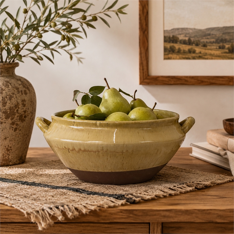 Decorative Serving Bowl- 2 Tone Rustic Brown Glazed Ceramic- 11 Inch