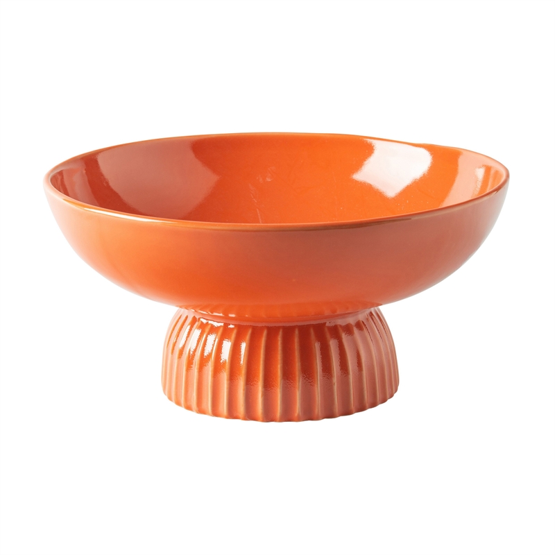 Ribbed Pedestal Fruit Bowl- Wide Basin- Glazed Orange Ceramic 11 Inch
