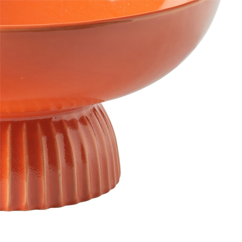 Ribbed Pedestal Fruit Bowl- Wide Basin- Glazed Orange Ceramic 11 Inch