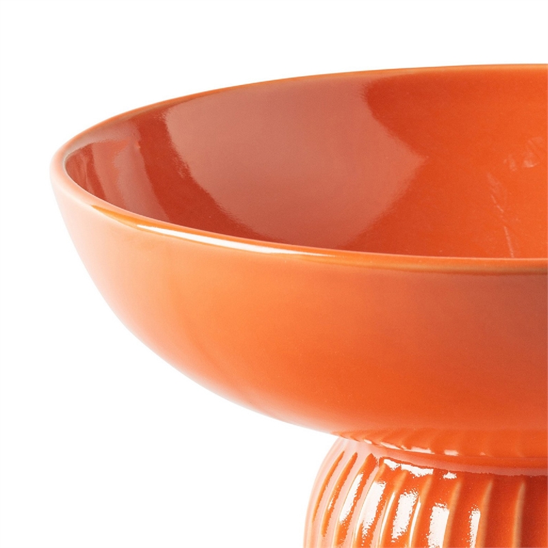 Ribbed Pedestal Fruit Bowl- Wide Basin- Glazed Orange Ceramic 11 Inch