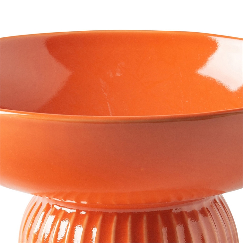 Ribbed Pedestal Fruit Bowl- Wide Basin- Glazed Orange Ceramic 11 Inch
