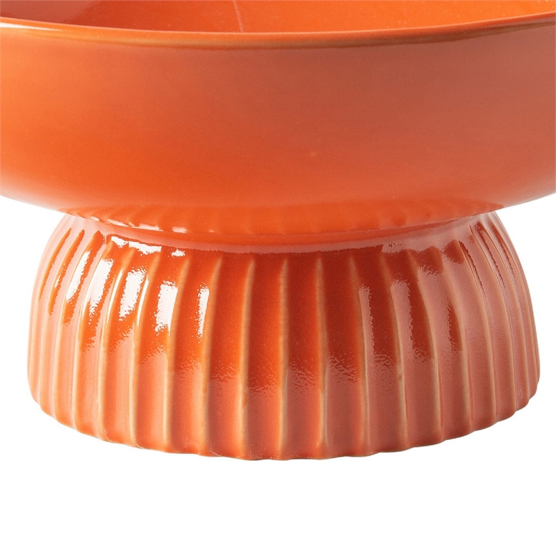 Ribbed Pedestal Fruit Bowl- Wide Basin- Glazed Orange Ceramic 11 Inch