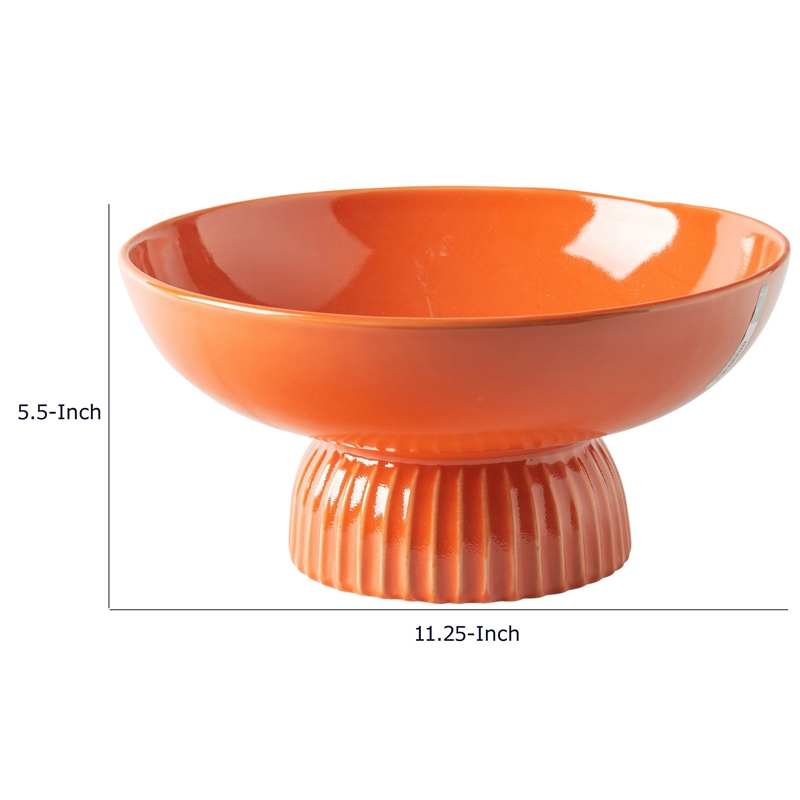 Ribbed Pedestal Fruit Bowl- Wide Basin- Glazed Orange Ceramic 11 Inch