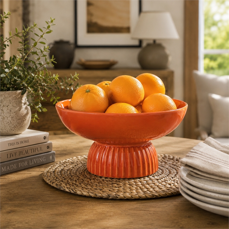 Ribbed Pedestal Fruit Bowl- Wide Basin- Glazed Orange Ceramic 11 Inch