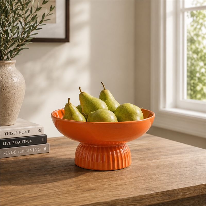 Ribbed Pedestal Fruit Bowl- Wide Basin- Glazed Orange Ceramic 11 Inch