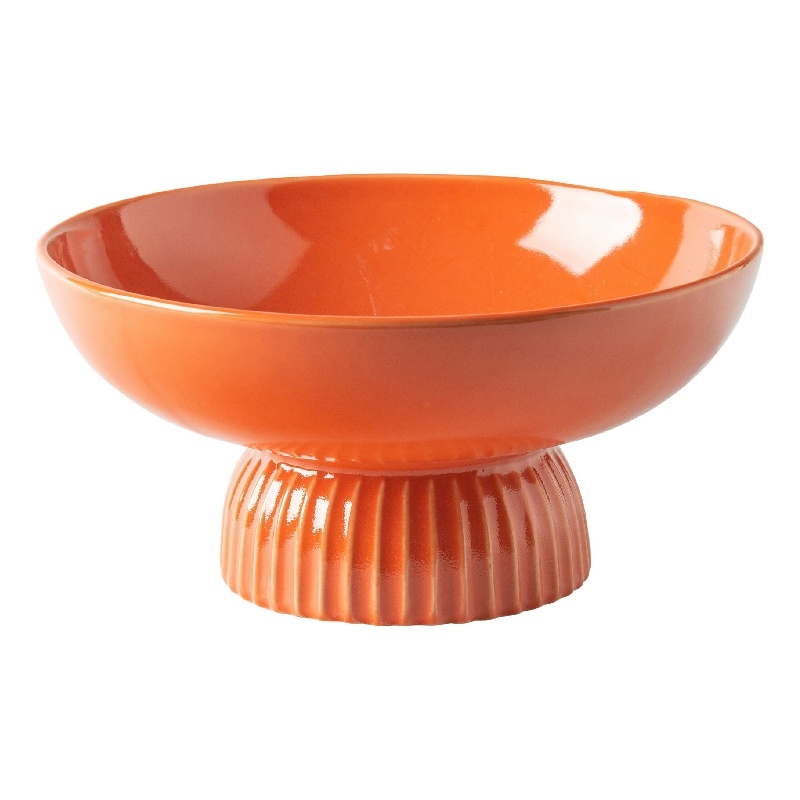 Ribbed Pedestal Fruit Bowl- Wide Basin- Glazed Orange Ceramic 11 Inch