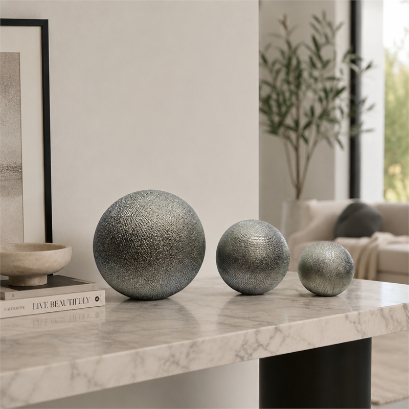 Decorative Ball Orb Set of 3- Cross-Hatched Texture- Antique Silver Ceramic