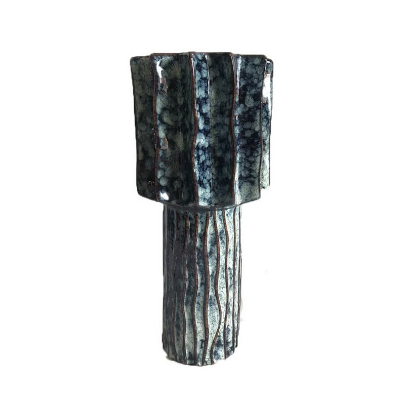Asmi Decorative Vase- 2-Tier Design- Ribbed Brown and Gray Ceramic 14 Inch
