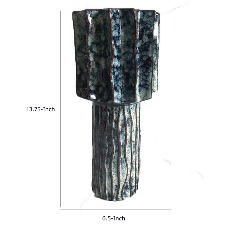 Asmi Decorative Vase- 2-Tier Design- Ribbed Brown and Gray Ceramic 14 Inch