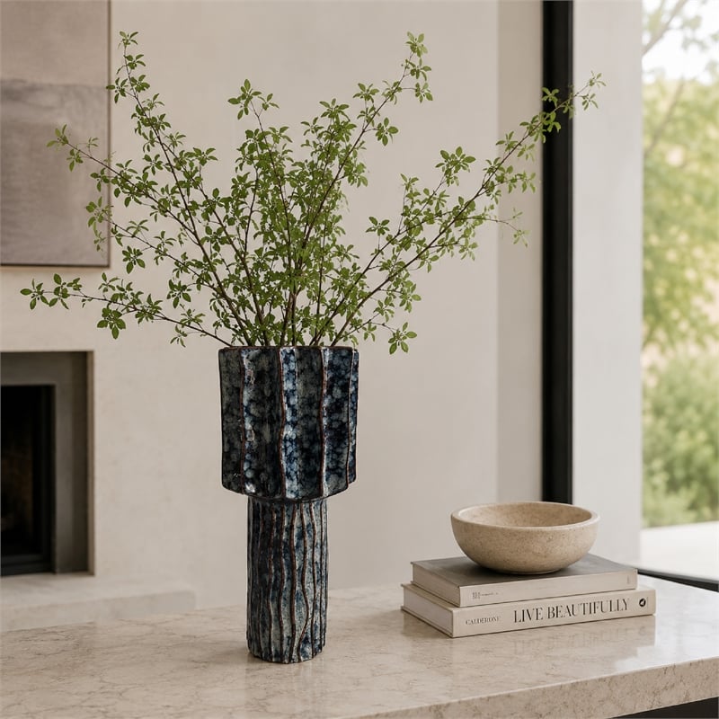 Asmi Decorative Vase- 2-Tier Design- Ribbed Brown and Gray Ceramic 14 Inch