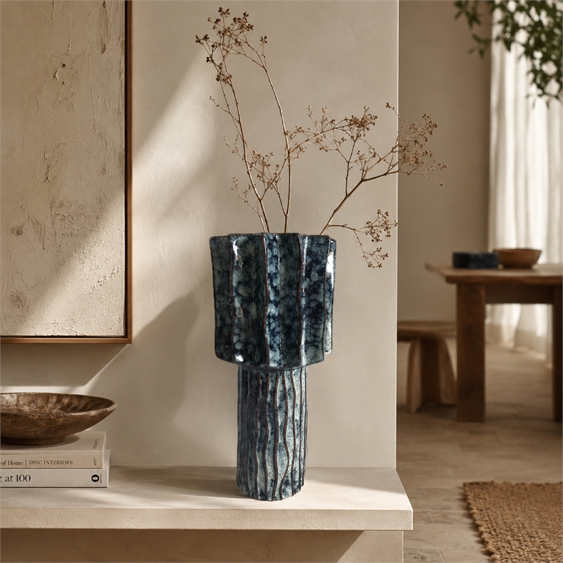 Asmi Decorative Vase- 2-Tier Design- Ribbed Brown and Gray Ceramic 14 Inch