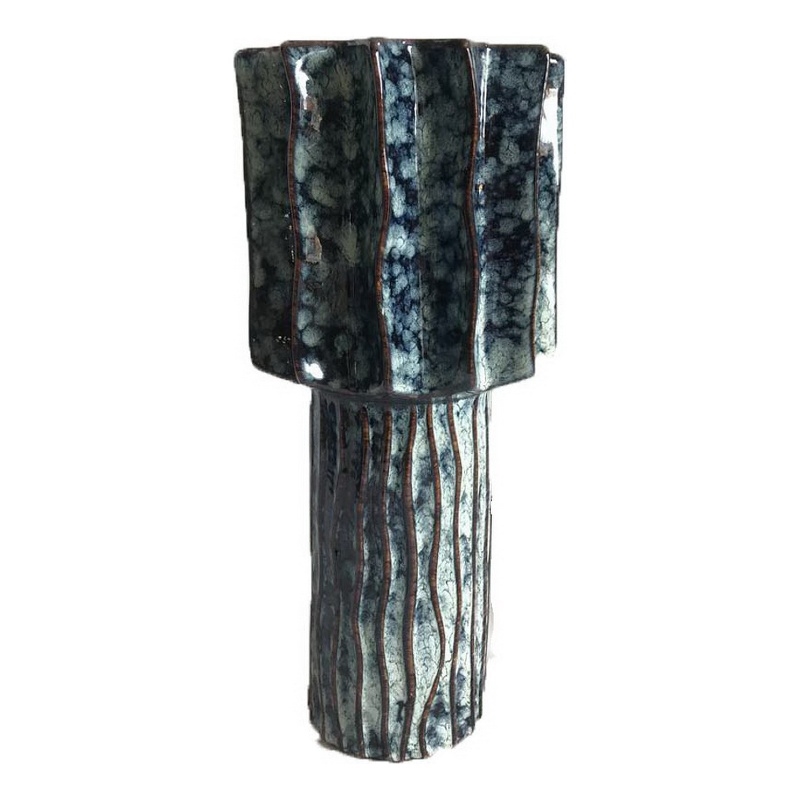 Asmi Decorative Vase- 2-Tier Design- Ribbed Brown and Gray Ceramic 14 Inch