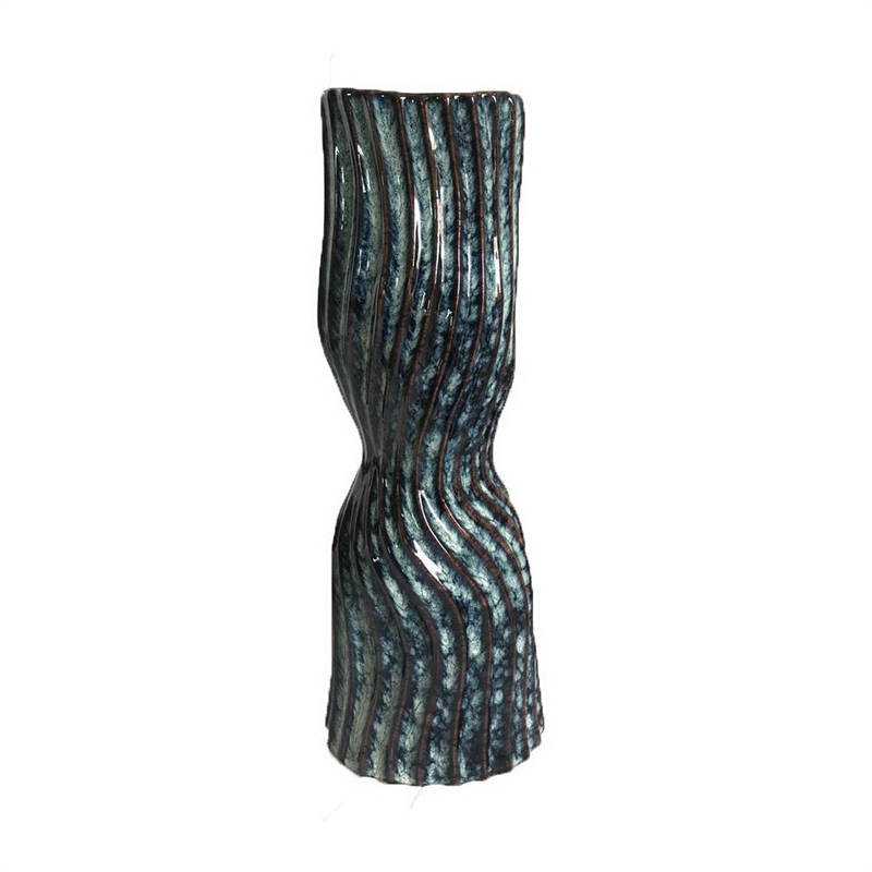 Decorative Vase- Fluted Hourglass Shape- Blue and Bronze Ceramic 16 Inch